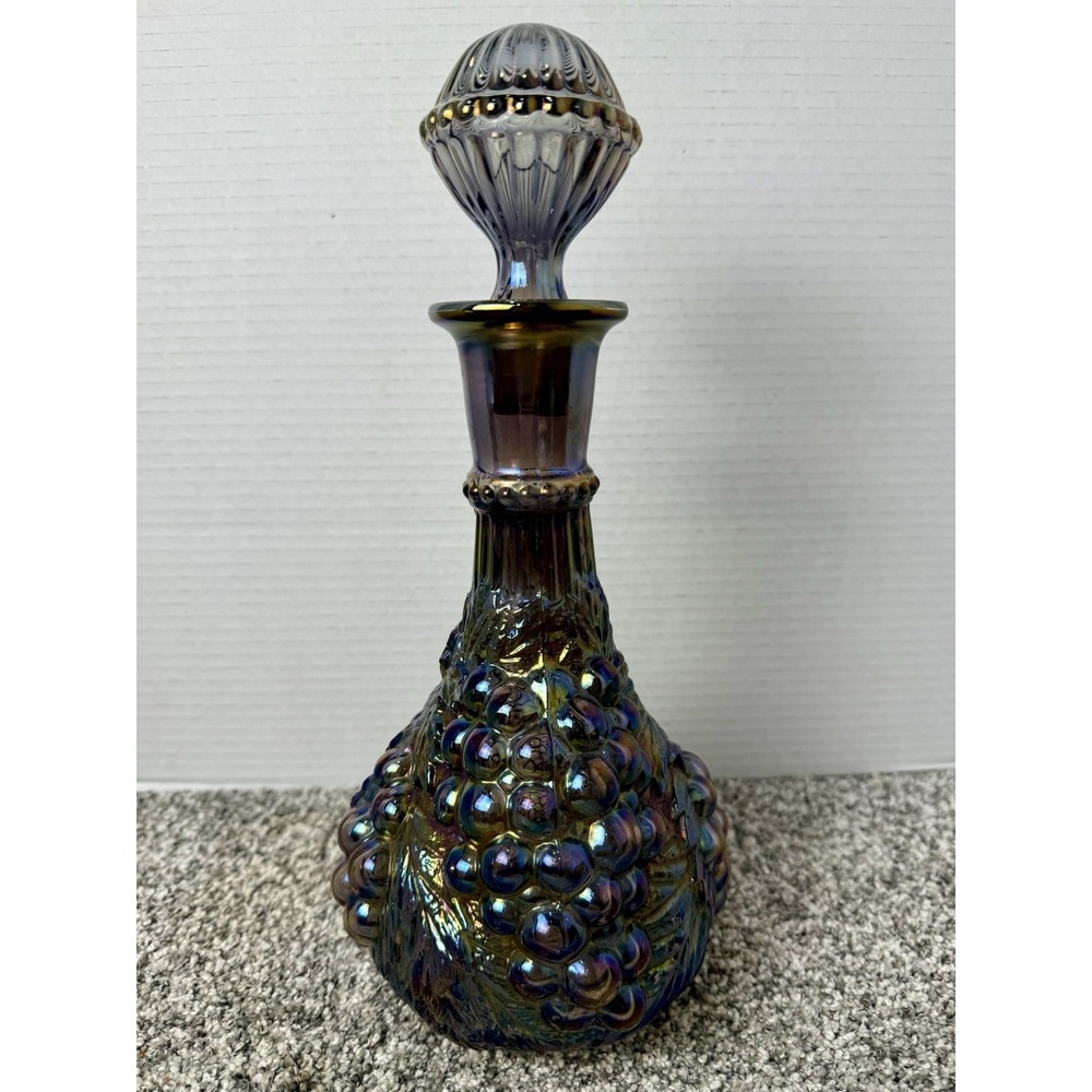 Imperial Glass Grapes Wine Decanter w/ Stopper Iridescent Peacock Carnival Glass